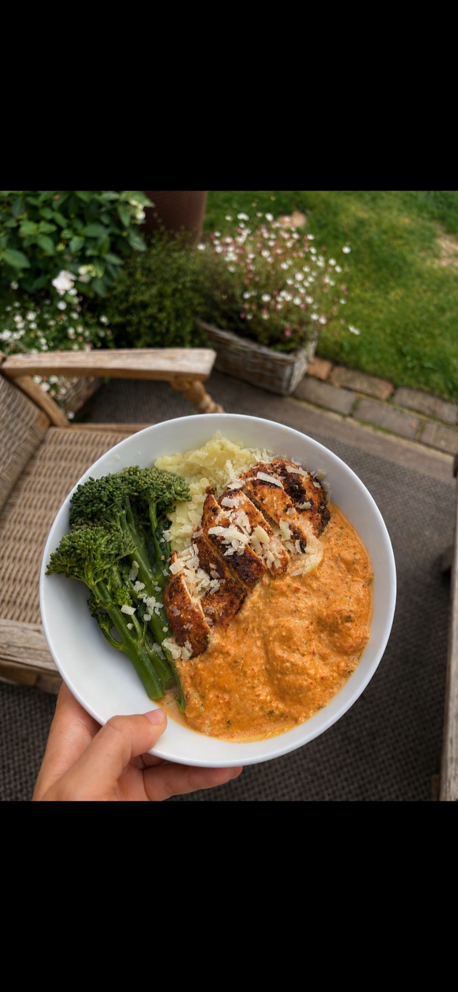 Creamy Cajun chicken with mashed potatoes and tenderstem broccoli