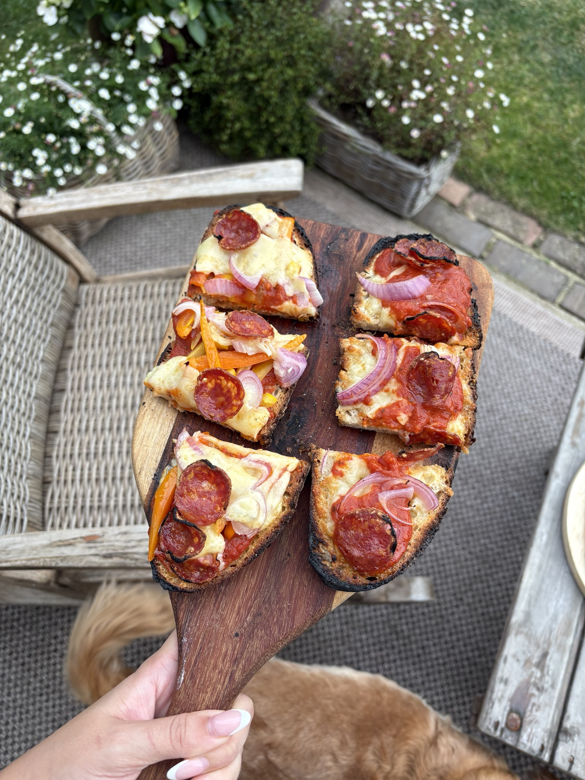 Loaded sourdough bruschetta with pepperoni, mozzarella and red onion